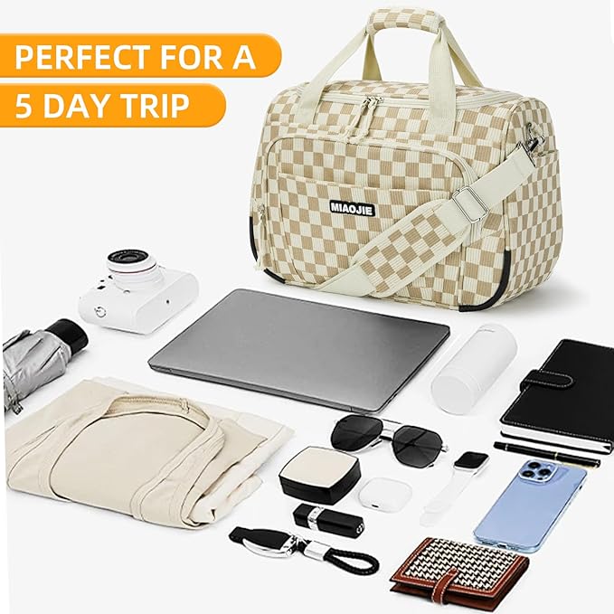 Underseat Carry On Luggage Lightweight Travel Tote Weekender Bag Overnight Duffle Bag for Travel, Travel Essentials Personal Item Travel Bag for Women, Corduroy Khaki Grid-16Inch