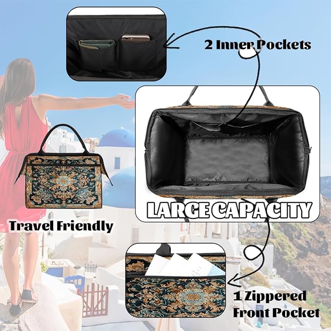 Travel Duffle Bag, Tile Flower Ornament Overnight Weekender Tote Bag for Women Men Waterproof Carry On Luggage with Zipper Lightweight Sport Gym Bag for Traveling Yoga Camping Traveling Gifts