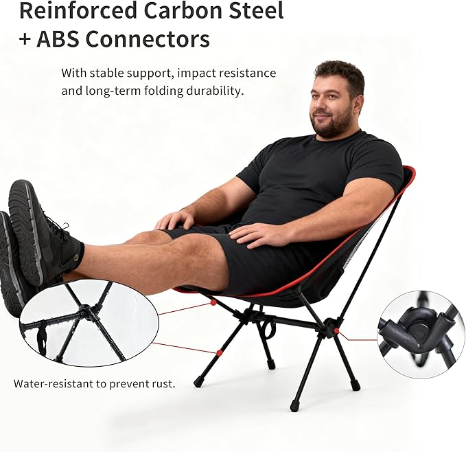 Lightweight Backpacking Folding Chair with Carry Bag,Stable and Sturdy Camping Chairs with Back Support, Fishing, Hiking and Beach Activities (Low backrest, Black and red, S)