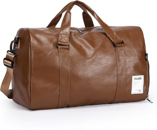 Leather Travel Bag with Shoes Compartment & Wet Pocket, Sports Gym Tote Bag Travel Duffel for Men & Women, Overnight Weekender Bag Waterproof Leather Large Carry On Bag