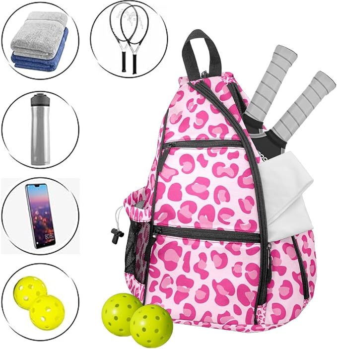 Pickleball Bag Pink Leopard Print Pickle Ball Backpack for Women Men Premium Lightweight Crossbody Sling Bag Sports Backpack for Pickleball Paddle Tennis