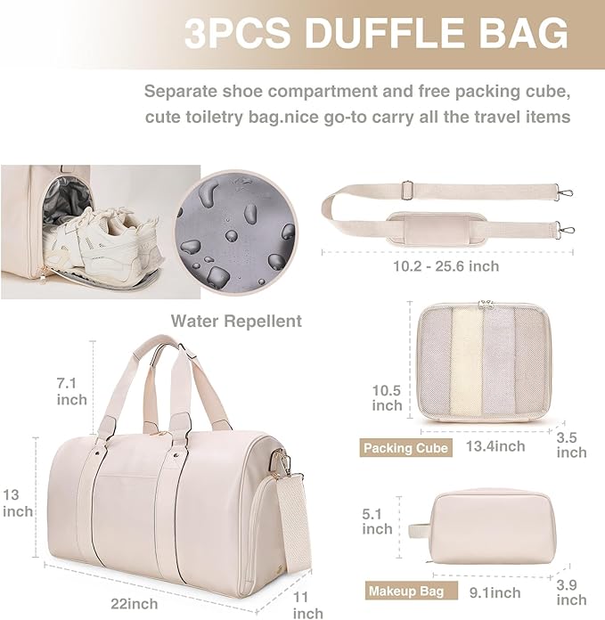 3-in-1 Leather Duffle Bag with Toiletry and Shoe Compartment, Weekender Overnight Gym Bag for Men and Women, Carry On Fits Most 15.6 Inch Laptops(Beige)