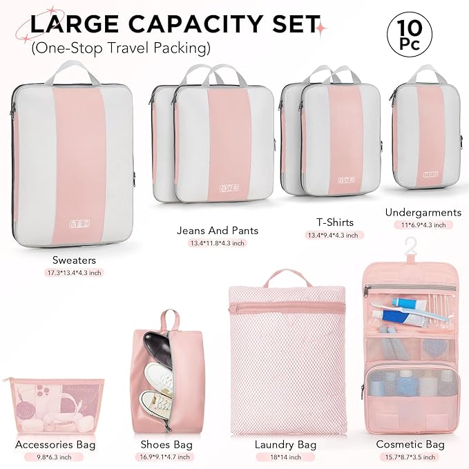 10 Set Compression Packing Cubes for Travel Essentials Women Mom,Compressible Expandable Packing Cubes for Suitcase,OlarHike Luggage Organizer Bags for Travel,Handy Helper for Organizing Clothes(Pink)