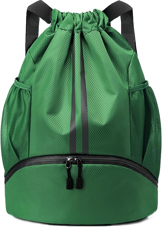 Drawstring Backpack Gym Bag with Shoes Compartment for Soccer, Basketball, Swim, Water-Resistant String Backpack Beach Cinch for Women Men, Dark Green, Medium