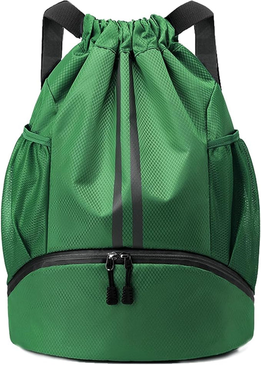 Drawstring Backpack Gym Bag with Shoes Compartment for Soccer, Basketball, Swim, Water-Resistant String Backpack Beach Cinch for Women Men, Dark Green, Medium