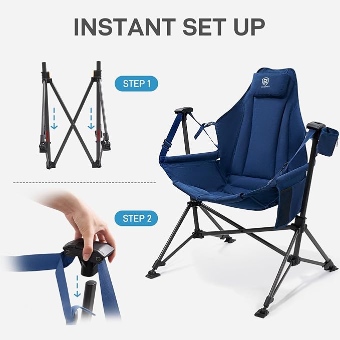 EVER ADVANCED Padded Hammock Camping Chair, Oversized Heavy Duty Swing Chair with Detachable Cup Holder, Portable Folding Rocking Camping Chair, Support Up to 400lbs