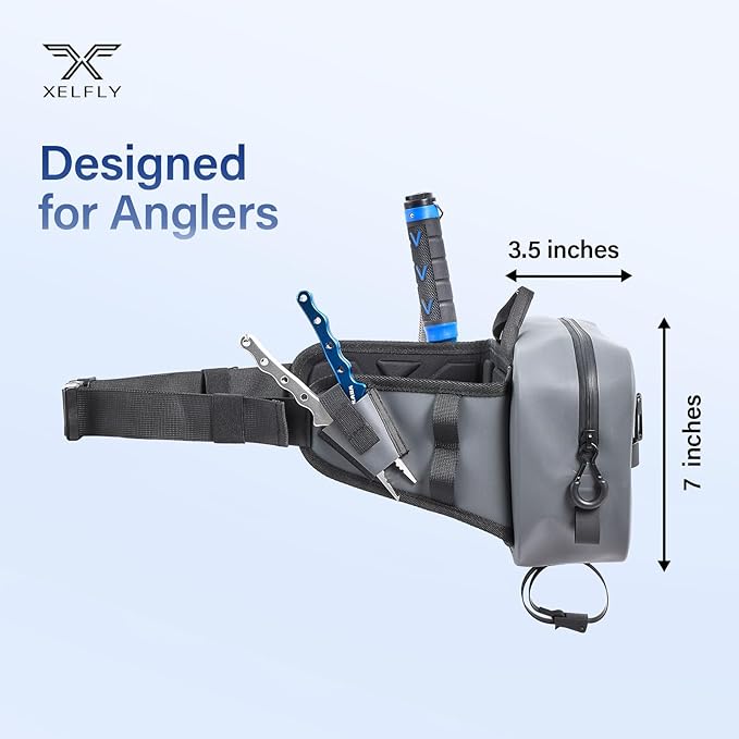 Xelfly Waterproof Fishing Waist Bag with Rod Holder, Padded Waist Straps & Gear Loops - Submersible Zipper, Rugged Top Handle, Adjustable Attachments (Gray)