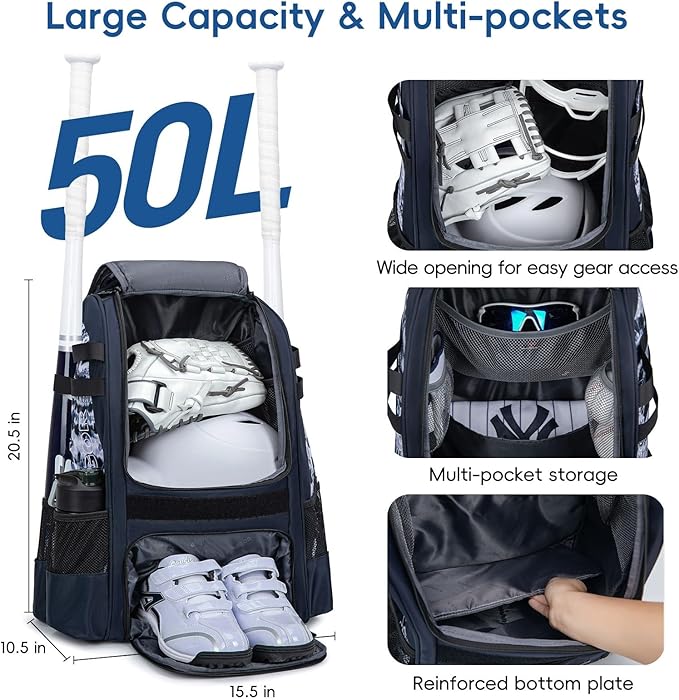Baseball Bag for Youth | Softball Backpack 50L Large Capacity with Shoe Compartment and 4 Bat Holders | Nova Flare Series