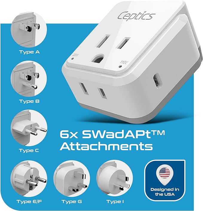 Ceptics World Travel Plug Adapter Set, Safe USB-C 3.0-2 USA Socket,30W PD & QC - Compact & Powerful - Use in Europe Includes Type A, B, C, E/F, G, I SWadAPt Attachments (PAK-30-WS)