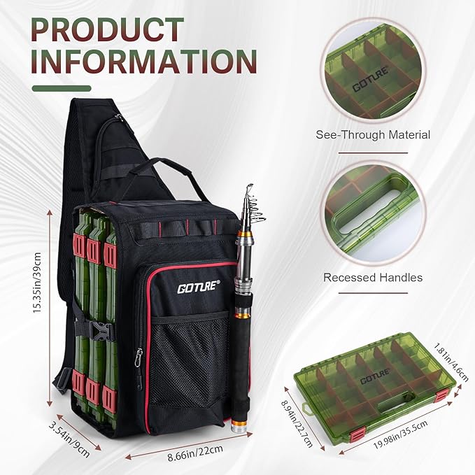 Goture OpenSide Tactical Sling Tackle Bag with 3 3700 Tackle Trays, Lightweight Fishing Backpack Storge Fishing Gear - Black Bag Outdoor,Gift for men