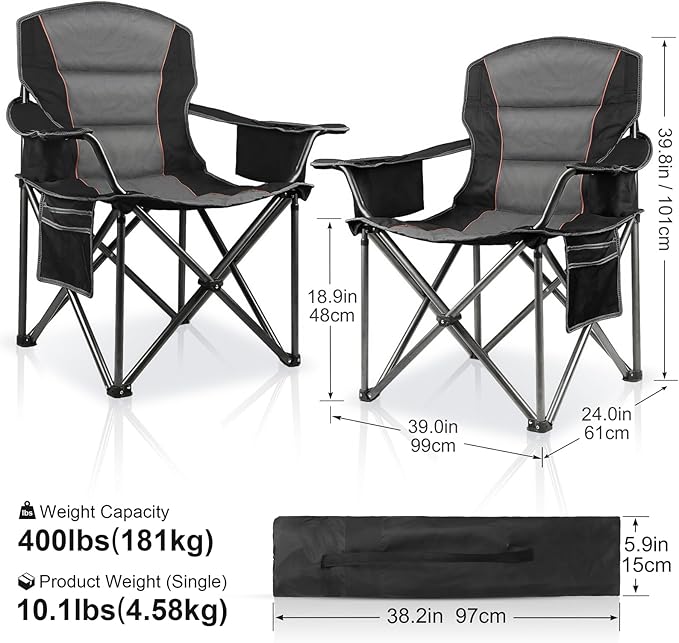2 Pack Padded Oversized Camping Chairs for Adults,Heavy Duty Support 400 Lbs,Folding Portable Lawn Chair w/Cup Holder,Cooler Bag,Side Pocket,Perfect for Outdoor Picnic,Hiking(Black)