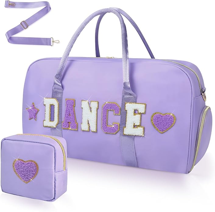 Dance Bag for Girls 2PCS Ballet Cheer Bag with Shoes Compartment Chenille Letter Embroidery for Dancer Travel Overnight bag