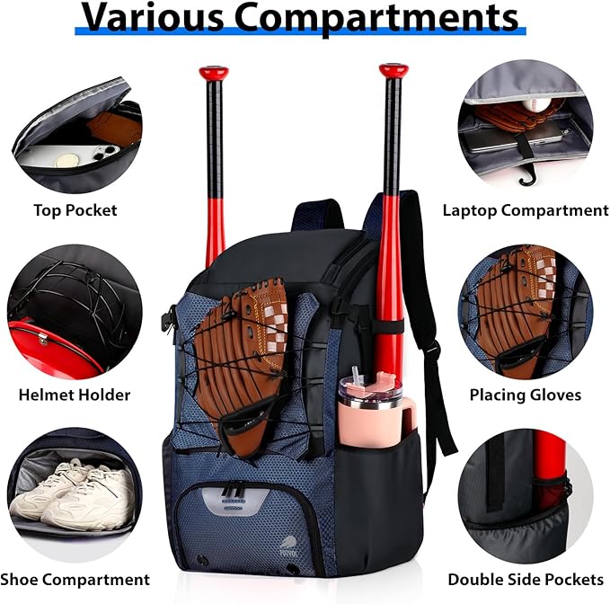 Baseball Backpack Softball Bat Bag for Youth Adults Baseball T-Ball Equipment Bag with Shoes Compartment