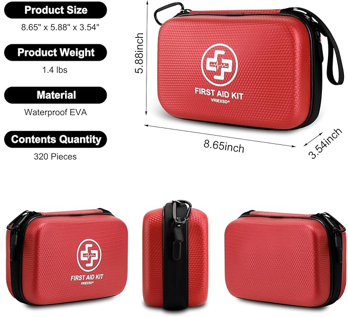 VRIEXSD Premium First Aid Kit, 320 Piece Waterproof Hard Shell Eva First Aid Kit for Home, Camping, Cars, Hiking, Travel, Businesses & Outdoor Emergencies - Emergency Medical Kits (Red)