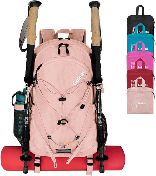 45L Hiking Backpack with Rain Cover, Lightweight Foldable Camping Backpack for Trekking, Water-Resistant Daypack with Hiking Pole & Mat Carrying System,Pink