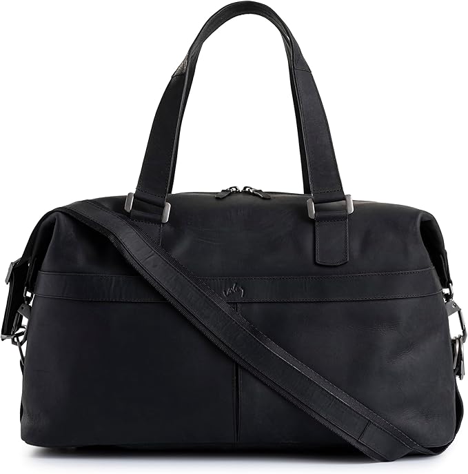 Black Top Grain Leather Duffle Bag for Men & Women - Large, Durable, Stylish Leather Travel Bag with Adjustable Shoulder Strap, Spacious Design for Weekend Getaways, Business, & Overnight Trips