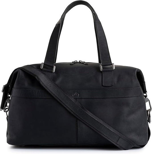 Black Top Grain Leather Duffle Bag for Men & Women - Large, Durable, Stylish Leather Travel Bag with Adjustable Shoulder Strap, Spacious Design for Weekend Getaways, Business, & Overnight Trips