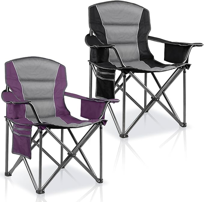 2 Pack Padded Oversized Camping Chairs for Adults,Heavy Duty Support 400 Lbs,Folding Portable Lawn Chair w/Cup Holder,Cooler Bag,Side Pocket,Perfect for Outdoor Picnic,Hiking(Purple&Black)