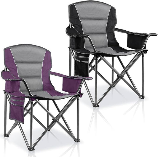 2 Pack Padded Oversized Camping Chairs for Adults,Heavy Duty Support 400 Lbs,Folding Portable Lawn Chair w/Cup Holder,Cooler Bag,Side Pocket,Perfect for Outdoor Picnic,Hiking(Purple&Black)