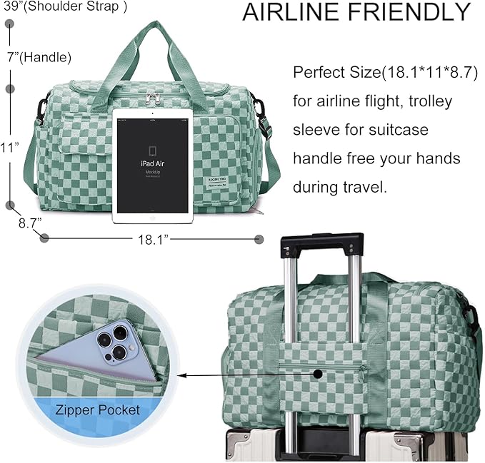 Weekender Duffel Sport Gym Bag Overnight Travel duffle Bags with Shoe Compartment Wet Pocket Tartan Green