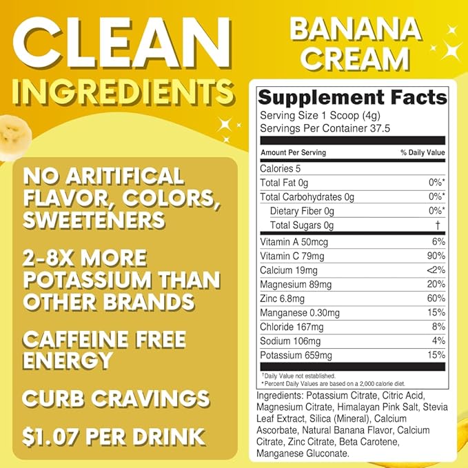 Zero Sugar - Banana Cream Electrolytes Powder - Refreshing Hydration - Caffeine Free Energy with All Natural Ingredients - Vegan, Keto & Paleo - Sugar Free Electrolytes Powder Drink Mix - 37 Servings