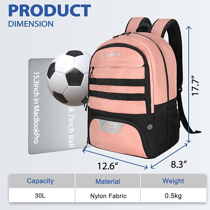 LARIPOP Soccer Backpack,Soccer Bag with Ball Holder and Shoe Compartment,Sports Equipment Training Bags Fits Basketball