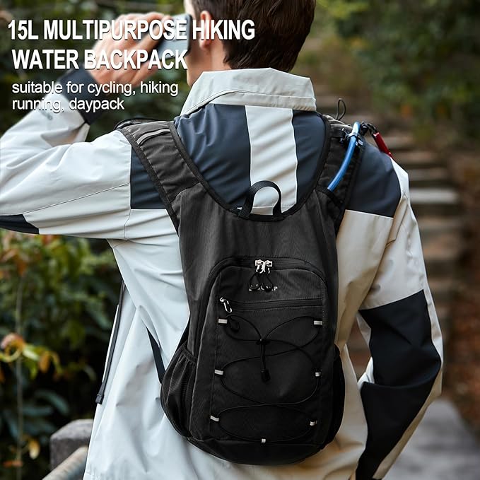 BOVIP Lightweight Hydration Back,15L Multipurpose Hiking Backpack with 1.5L Water Bladder ,Hydro Water Daypack for Cycling Hiking Rave for Men Women