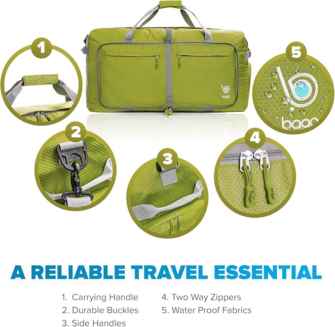 Bago Large Foldable Duffel Bags for Traveling Women & Men - 120L Packable Duffle Bag for Travel with Shoe Compartment - Water Repellant, Heavy Duty, Lightweight Folding & Collapsible (Green)