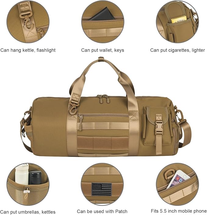 ArcEnCiel Medium Tactical Duffle Bag Men Gym Pack Molle Shoulder Bags Shoes Storage Sports Handbag with Patch(Coyote Brown)