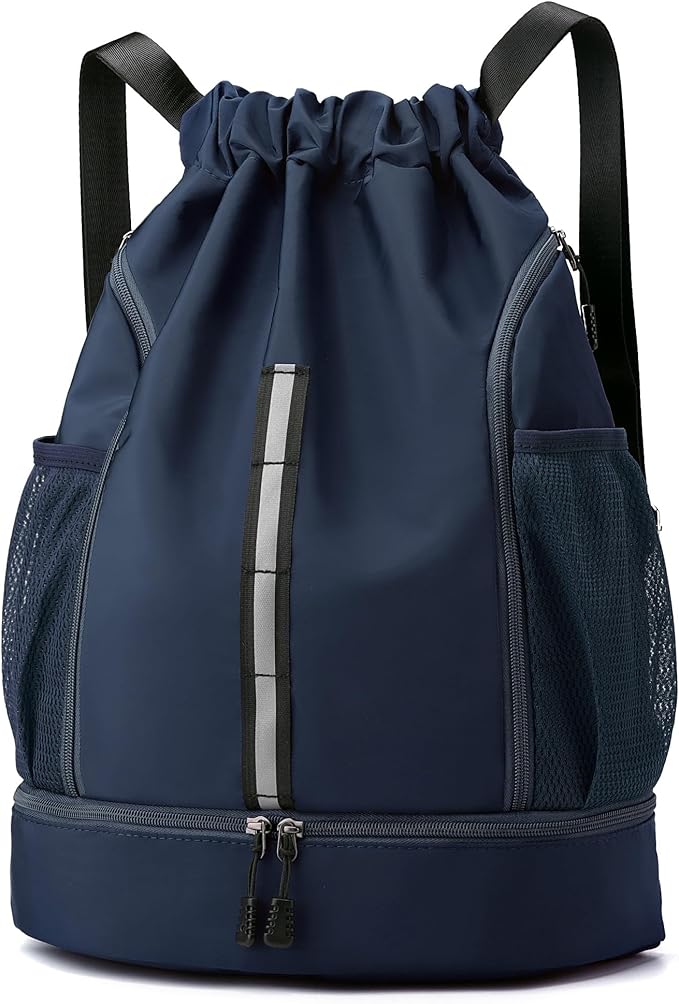 Sport Gym Bag Drawstring Backpack Beach Bag for Men Women with Shoe Compartment and Reflective Strips (Dark blue)