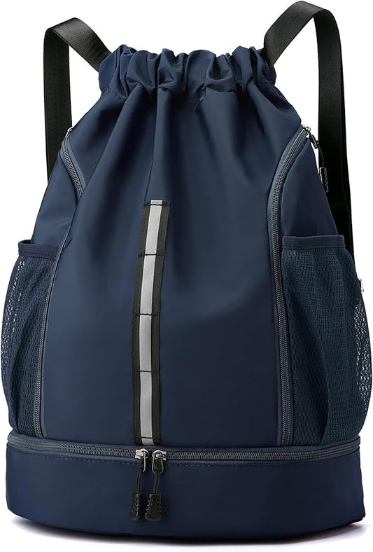 Sport Gym Bag Drawstring Backpack Beach Bag for Men Women with Shoe Compartment and Reflective Strips (Dark blue)