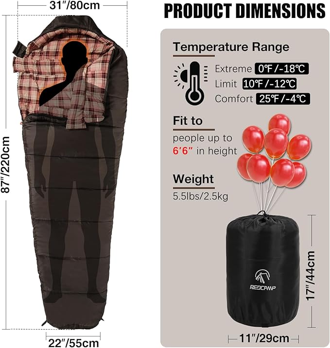 REDCAMP Cold Weather Mummy Sleeping Bag, Warm Flannel Cotton Sleeping Bag for Adults, Warm and Machine Washable Perfect for Winter Camping