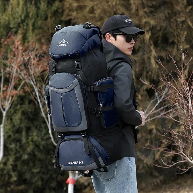 Lawaia 90L Hiking Backpacks Camping Waterproof Backpacking Travel Bag Trekking Back Pack Large Capacity Internal Frame Outdoor Daypacks Rucking Backpack Climbing Ruck Sack for Men Women-Dark Blue