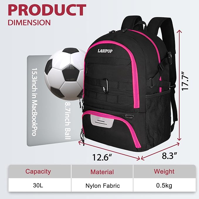 LARIPOP Soccer Backpack,Soccer Bag with Ball Holder and Shoe Compartment,Sports Equipment Training Bags Fits Basketball