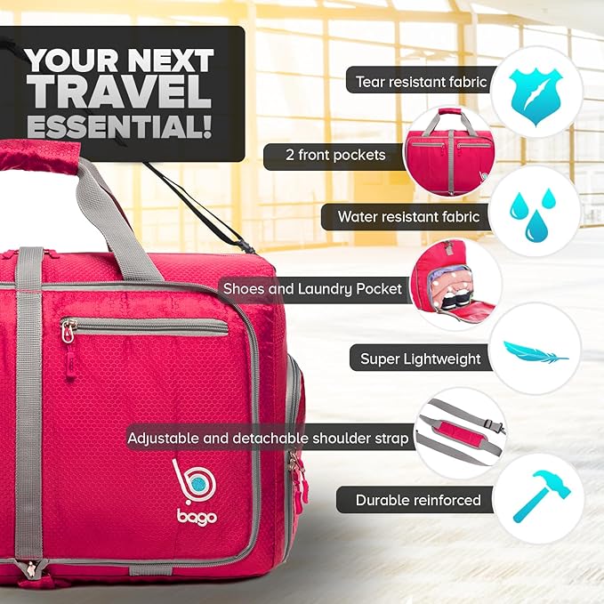 Bago Foldable Duffel Bags for Traveling Women & Men - 40L Sports Packable Duffle Bag for Travel with Shoe Compartment - Water Repellant, Heavy Duty, Lightweight Folding & Collapsible (Pink)