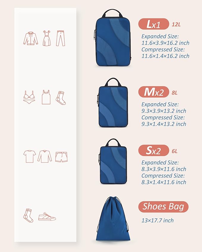 BAGSMART Compression Packing Cubes, 6 Set/4 Set/2 Set Travel Packing Cubes for Carry on Suitcases, Compression Suitcase Organizers Bag Set & Travel Cubes for Luggage, Lightweight Packing Organizers