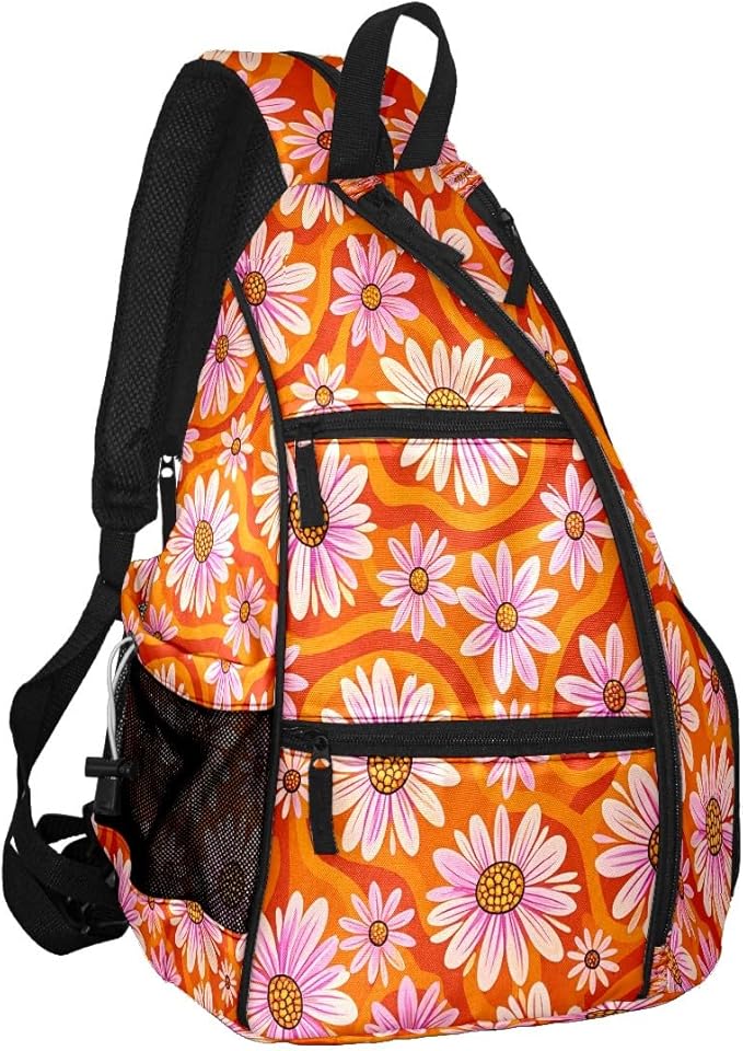 Pickleball Bag Daisy Flowers Orange Pickle Ball Backpack for Women Men Premium Lightweight Crossbody Sling Bag Sports Backpack for Pickleball Paddle Tennis