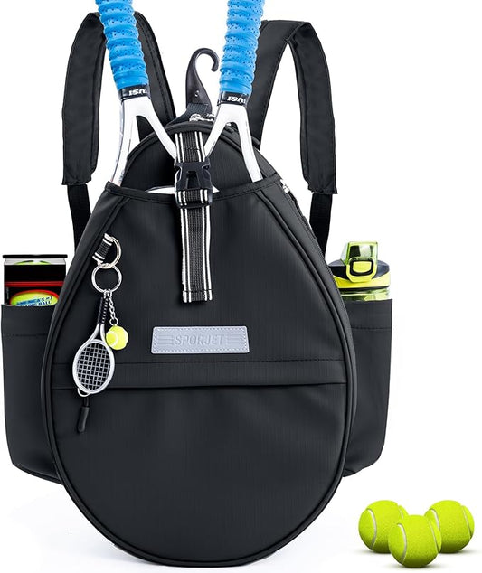 Tennis Backpack with 2 Rackets Holder, Water-Resistant PU Leather Tennis Racket Bag for Women & Men, Sling Crossbody Sports Backpack for Tennis, Pickleball & Badminton, Tennis Gifts