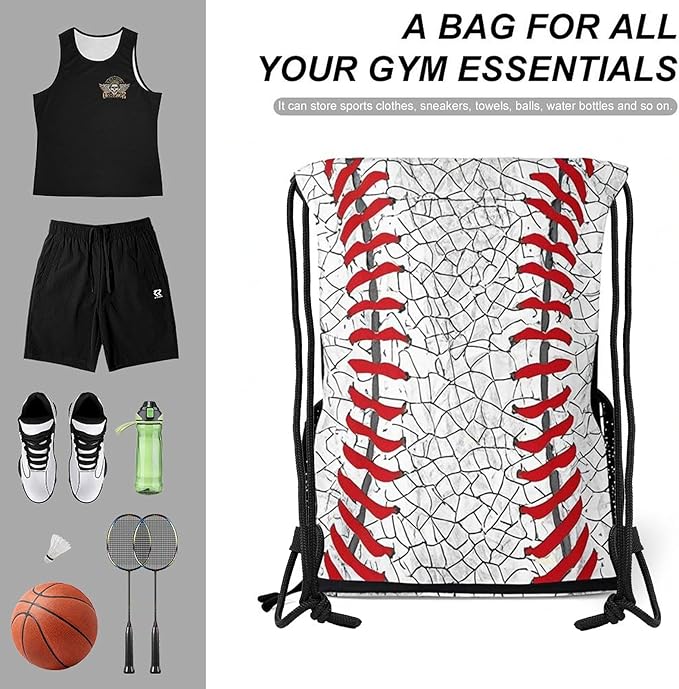 Baseball Drawstring Backpack Gym Bag With Shoe Compartment String Bag Sport Beach Swimming Sackpack For Women Men