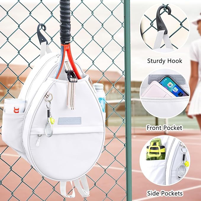 Tennis Backpack with 2 Rackets Holder, Water-Resistant PU Leather Tennis Racket Bag for Women & Men, Sling Crossbody Sports Backpack for Tennis, Pickleball & Badminton, Tennis Gifts