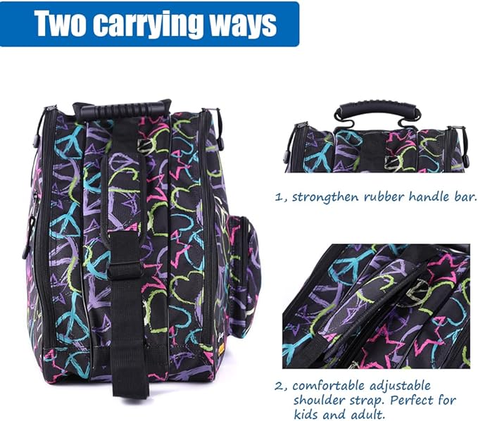 Holisogn Ice, Figure, Inline and Roller Skate Bag, Premium and Fashion Bags for child, kids, teenager, adult (Peace & Love Black HLS002)
