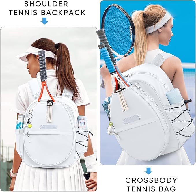 Tennis Backpack with 2 Rackets Holder, Water-Resistant PU Leather Tennis Racket Bag for Women & Men, Sling Crossbody Sports Backpack for Tennis, Pickleball & Badminton, Tennis Gifts