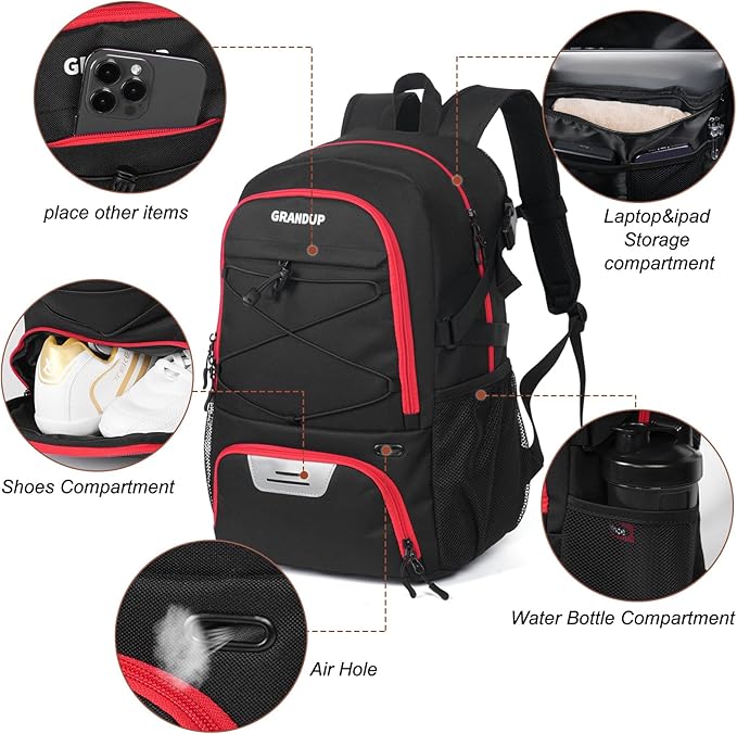 GRANDUP Basketball backpack with ball and shoes compartment Fit Volleyball, soccer, Swim, Gym, Travel, and School, large capacity sports training equipment bags