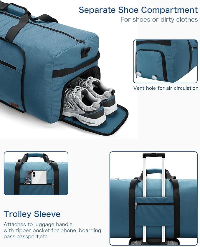 120L Foldable Waterproof Travel Duffel Bag for Men and Women with Shoe Compartment (Light Blue, EXTRA LARGE, 120L)