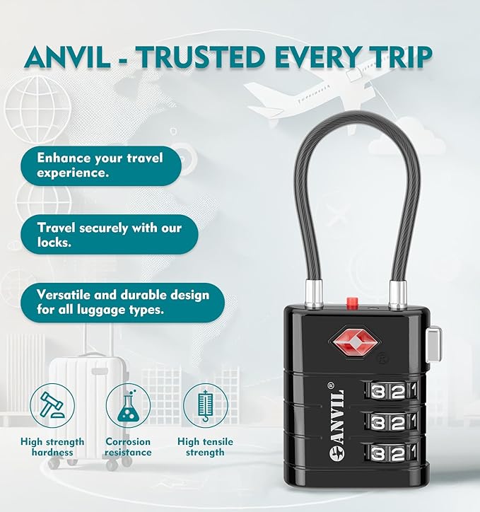 ANVIL TSA Approved Luggage Locks – High Security TSA008 Combination Travel Locks with Inspection Indicator for Suitcases and Backpacks. (4, Black)