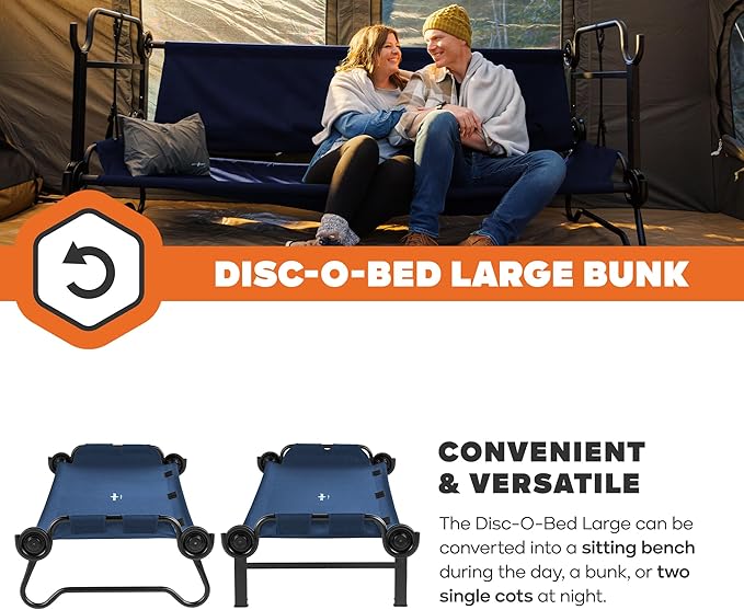 Disc-O-Bed Large Outdoor Convertible 2 Person Bench and Double Camping Cot Portable Bed Bunk System for Adults, Navy