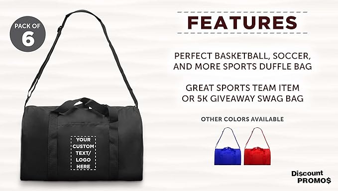 6 Sporty Duffle Bags Set - Customizable Text, Logo - Polyester, Adjustable Strap, Front Pocket, Roll Styling - Black
