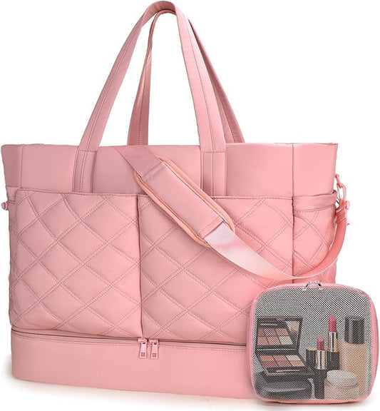 Weekender Bag for Women Men, Large Overnight Bag Faux Leather Travel Duffel Bag with Shoe Compartment Toiletry Packing Cube Carry On Bag Fit 21" Laptop 3Pcs Set (2PCS Pink)