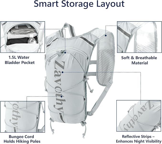 Zavothy Hydration Running Vest for Men & Women – Lightweight 1.5L Hydration Pack with Phone Pockets, Water Bottle Holders, Reflective Strips, Rain Cover – Trail Running, Cycling, Marathon