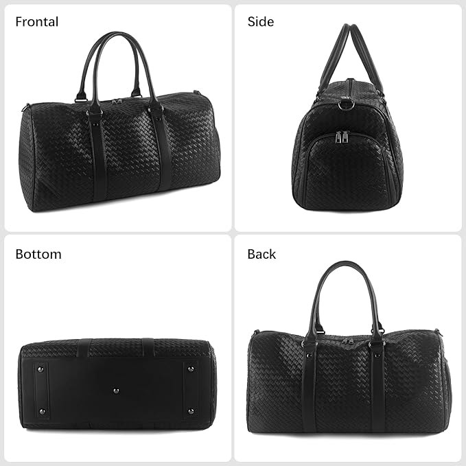 Weekender Bags for Women Woven Leather Travel Duffel Bag with Shoe Compartment, Carry On Garment Bag for Men Women, Large Capacity Water-resistant Gym Tote (Black)